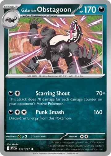 Przejdź do produktu ASC 132/217 | Galarian Obstagoon Dusk Ball Reverse Holofoil | Pokemon - Ascended Heroes